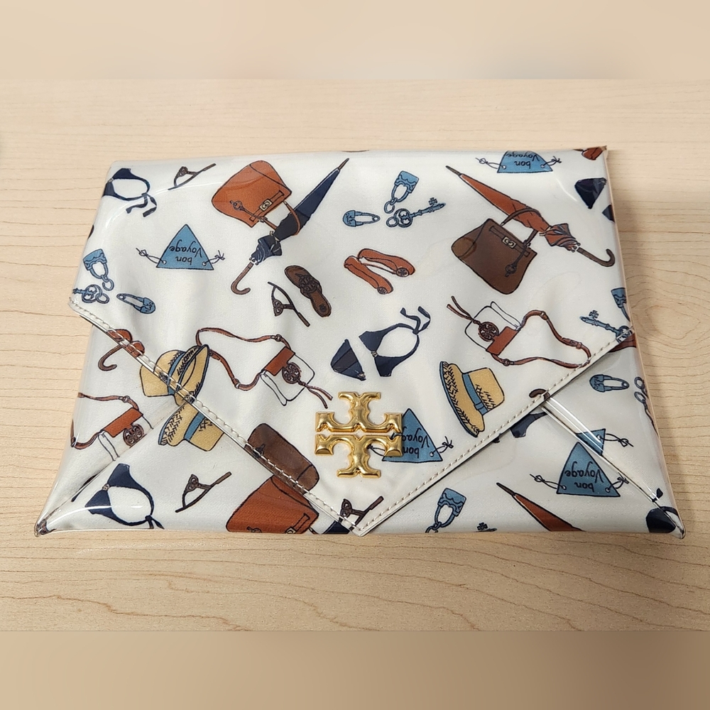 Tory Burch Bon Voyage Print Gold Label Travel Envelope Snap Bag Pouch‎ Clutch